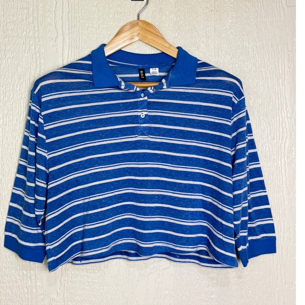 BDG Urban Outfitters Women's Blue Striped Cropped Long Sleeve Polo Shirt Size L